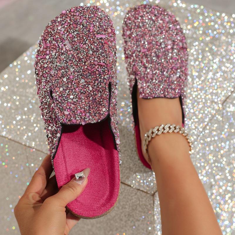 Women's Spring and Autumn Sequined Half Slippers with Cork Toe Caps Comfortable and Casual Non Slip Flat Bottomed Sandals