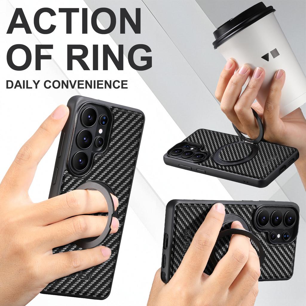 360-degree Rotating Magnetic Carbon Fiber Textured Phone Case for Samsung S26 Ultra S25 S24 S23 S22 Shockproof For Magsafe Cover