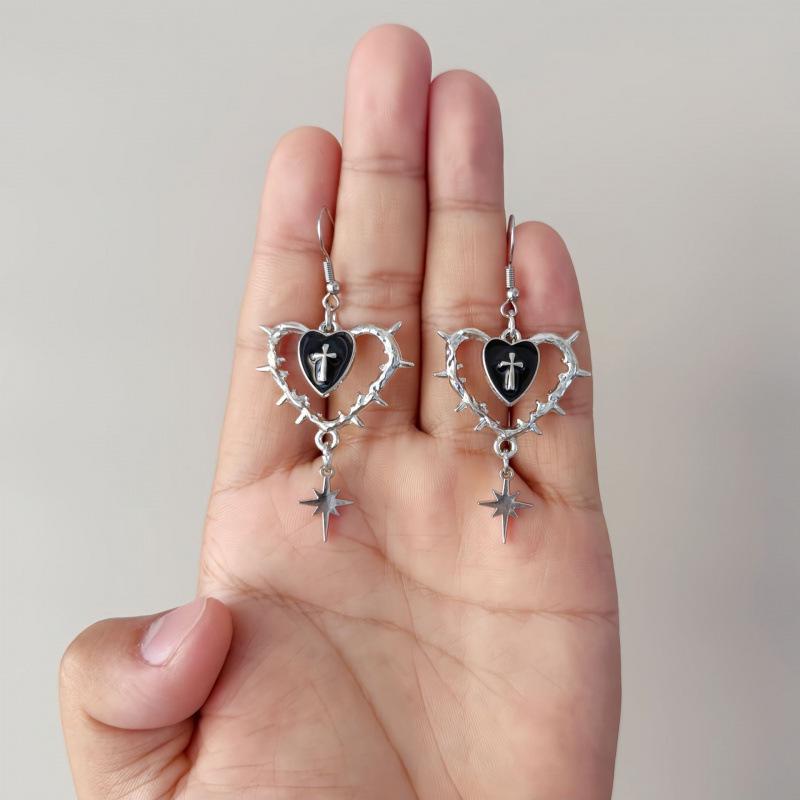 Jun'an Original Punk Gothic Thorn Heart Cross Earrings for Women