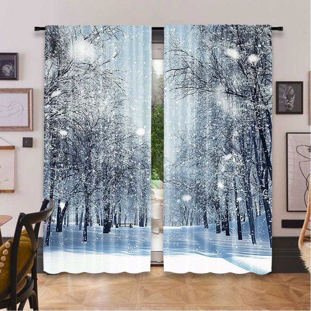 2Pcs Forest Curtains Snowy Trees Of The Farmhouse Wildlife Scenery In Frosty Winter Park Living Room Bedroom Window Drapes