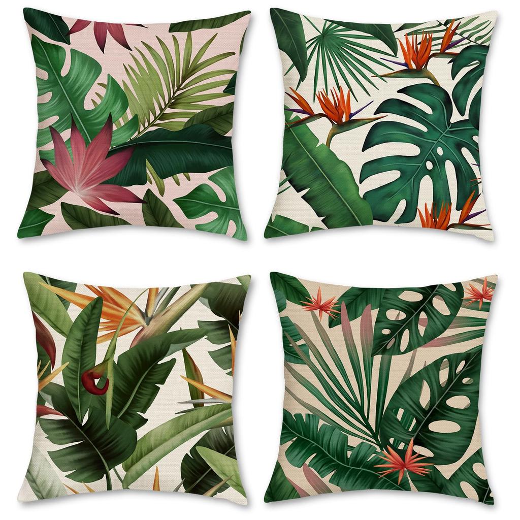 4Pcs Tropical Leaf Cushion Covers, Vibrant Green Monstera & Palm Print Pillow Cases For Sofa Bedroom Living Room 45X45Cm