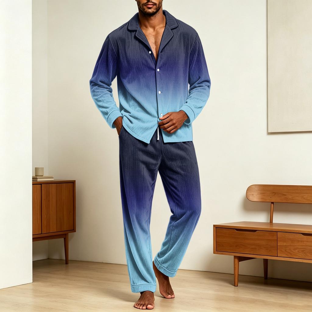 Men's Casual Pajama Set with Loose Fit Corduroy Pants and Printed Long Sleeve Lapel Collar Button-Front Top