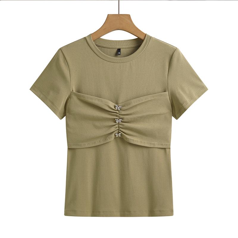 2026 Spring/Summer Butterfly Bead Slim-fit T-shirt: New Arrival, Fashionable Solid Color, Short Sleeve, Korean Style Top.