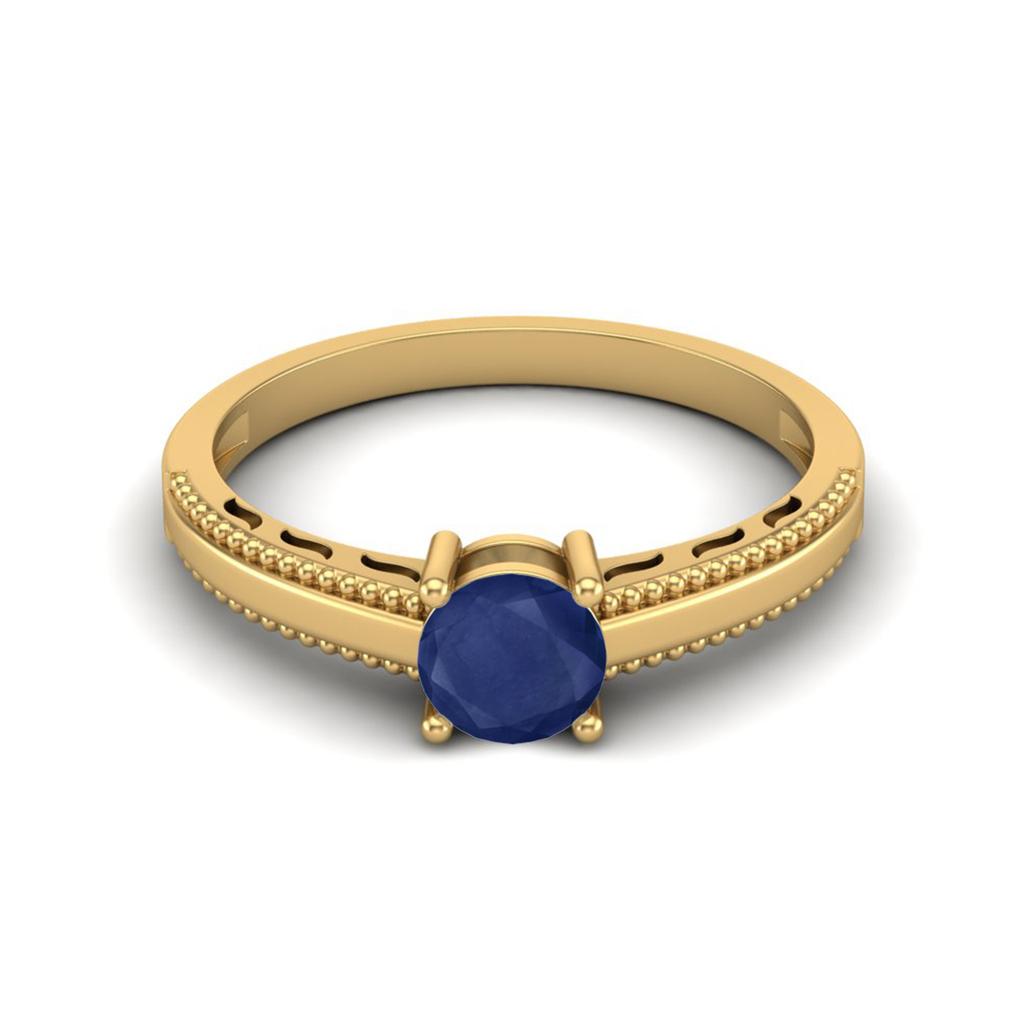 0.65 Cts Round Blue Sapphire 925 Sterling Silver Gold Vermeil Beaded Shank Anniversary Women Ring