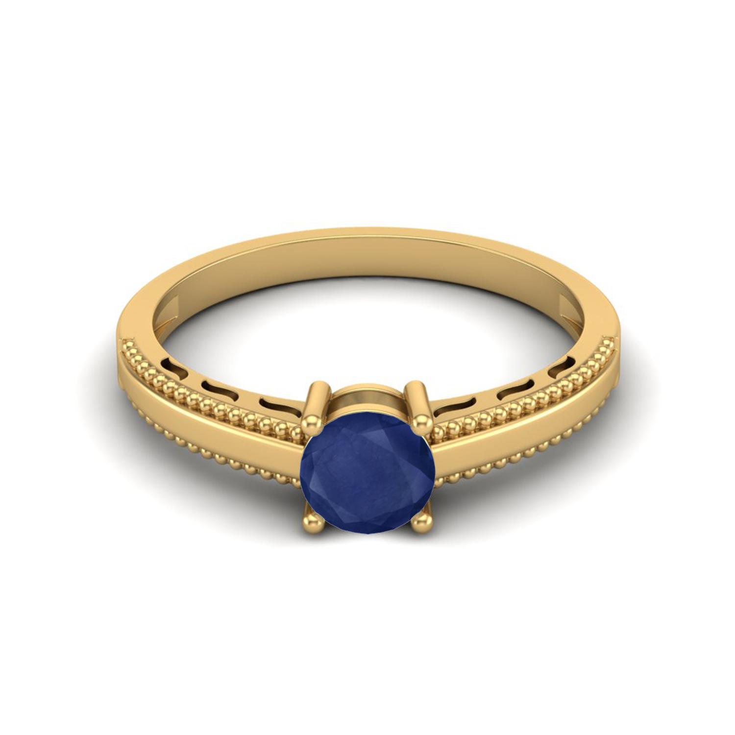 0.65 Cts Round Blue Sapphire 925 Sterling Silver Gold Vermeil Beaded Shank Anniversary Women Ring