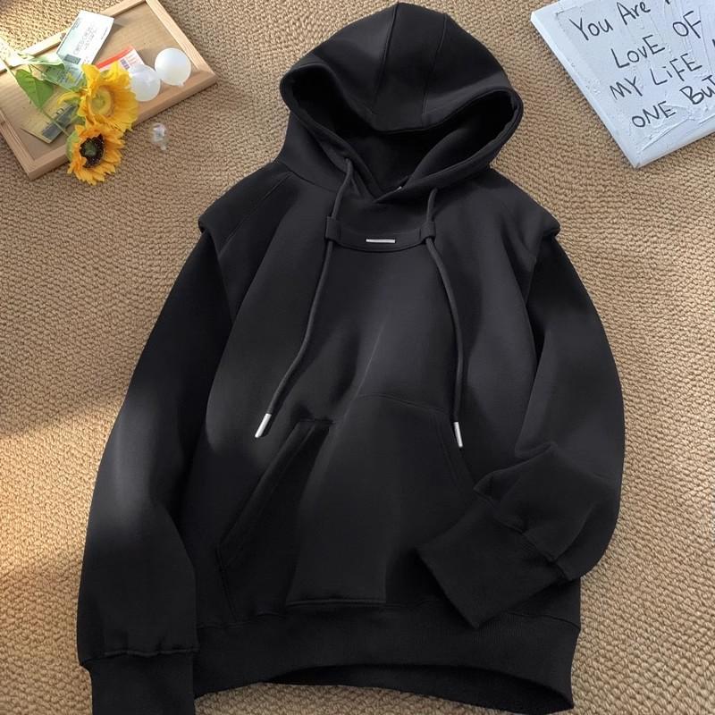 

Fake two pieces of pure white sweater men s spring and autumn new trendy brand design sense American loose casual hooded clothes 3XL чорний