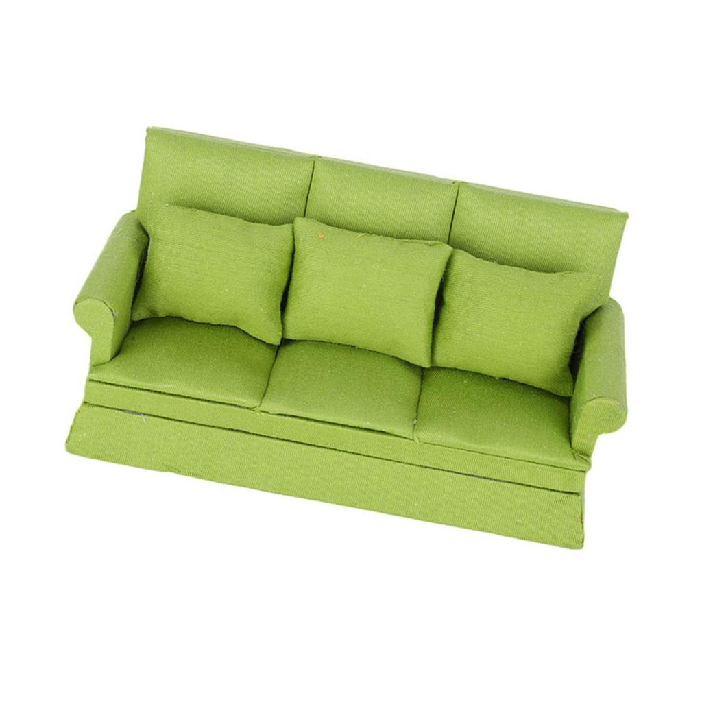 1:12 Doll House Mini Sofa with 3pcs Pillow Living Room Furniture Wooden Doll House Decoration AccessoriesGreen