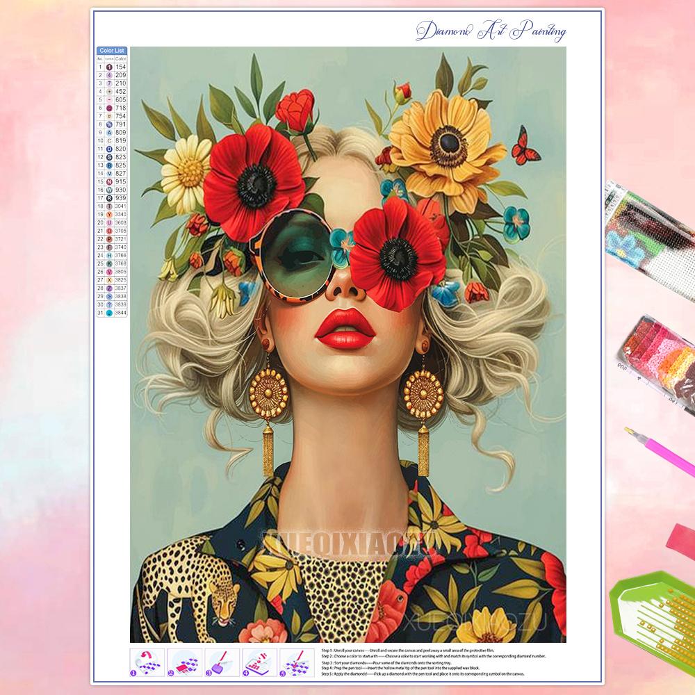 Full Diamond Painting Beauty Girl Flowers Abstract Art Diamond Mosaic Embroidery Rhinestone Cross Stitch Kit Home Wall Decor