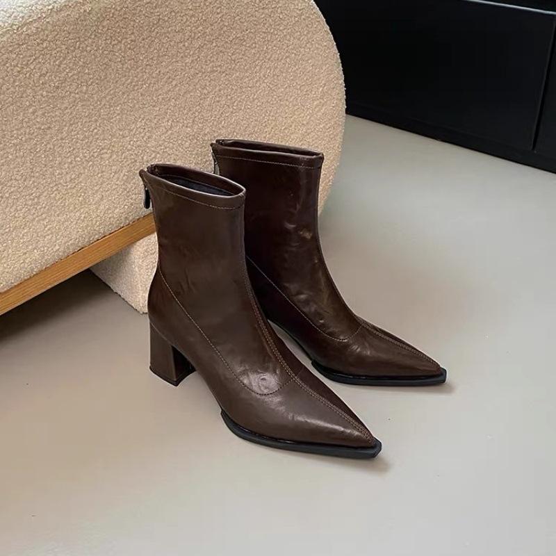 Pointed high-heeled short boots women's new winter velvet boots brown thick-heeled fashion boots high-end thin boots