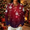 Women's Christmas Print Long Sleeve Button Front Collared Casual Top with Side Slits
