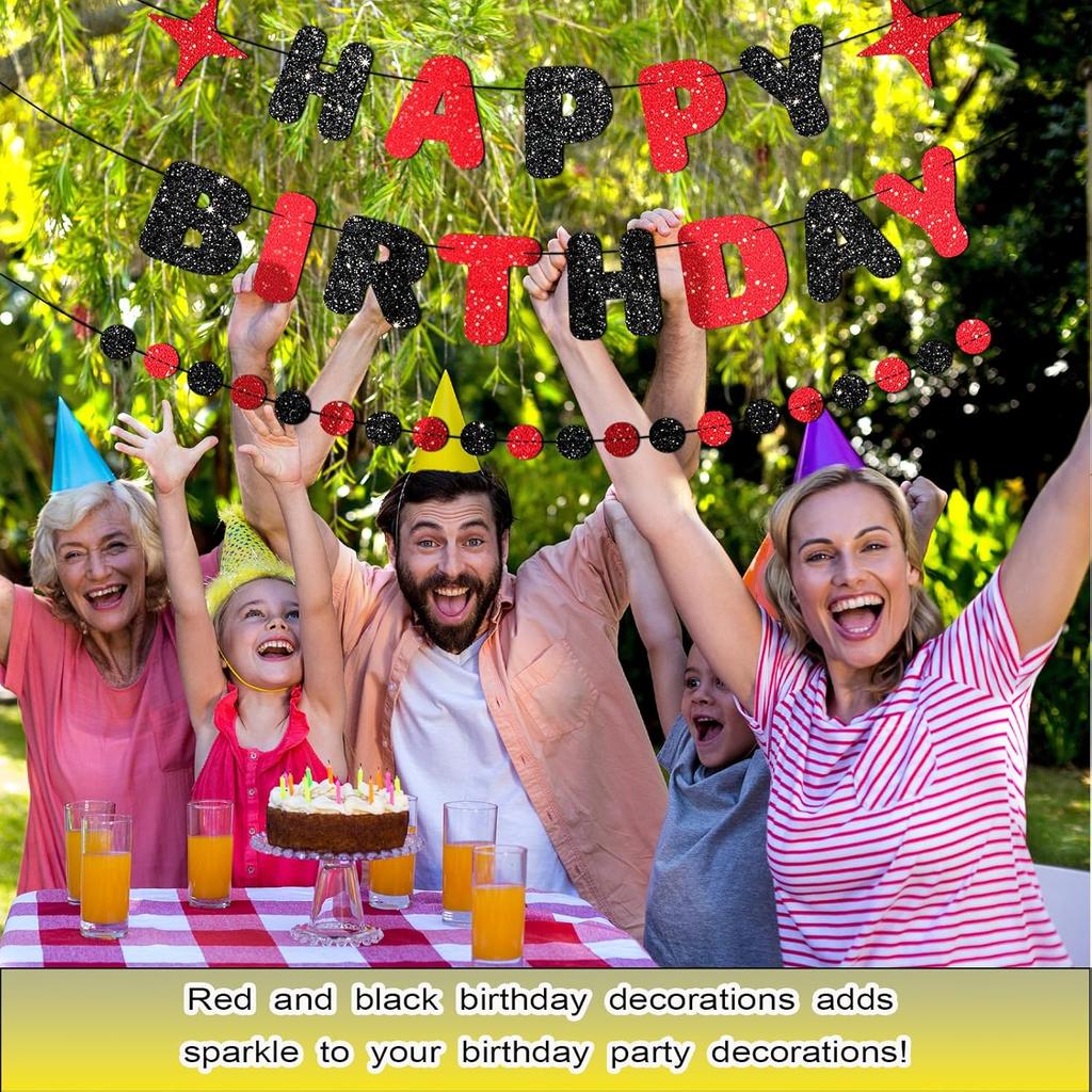 Red and Black Happy Birthday Banner Glitter Garland for Black and Red Decorations Happy Birthday Decorations for Women Men Boys Girls 25st 30st 40st