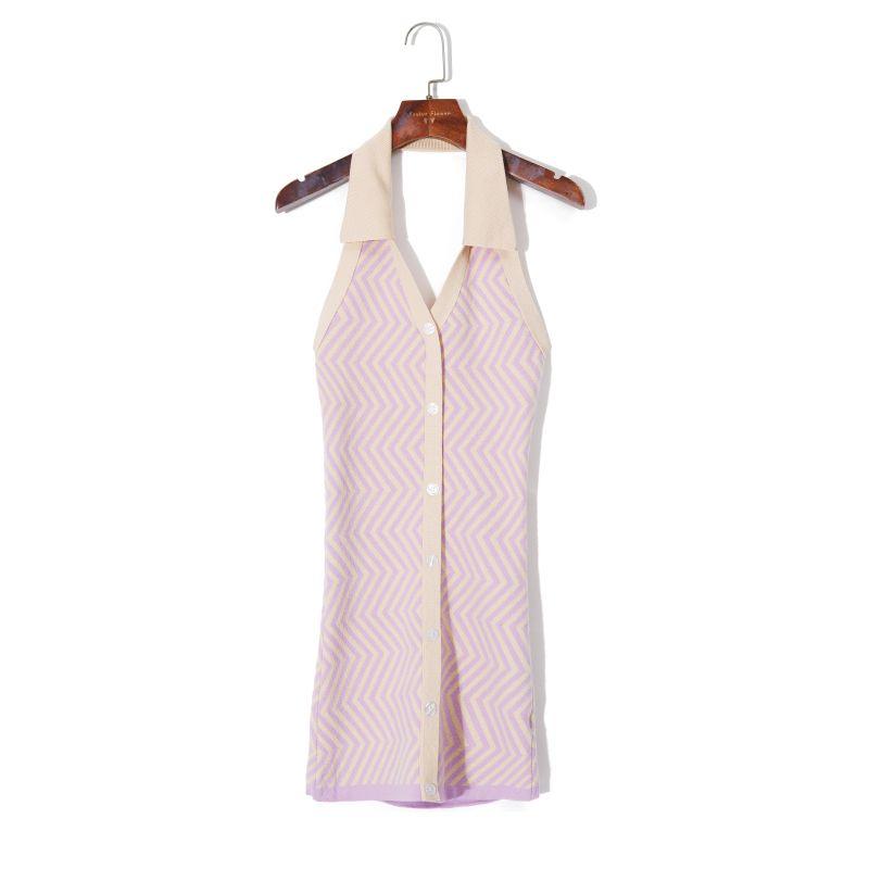 

2025 Summer Women clothes Contrast Color Stripe Elegant Flanging Neck Collar Backless Slim fit Stretch Comfortable Knitted Vest Dress Purple Strip M