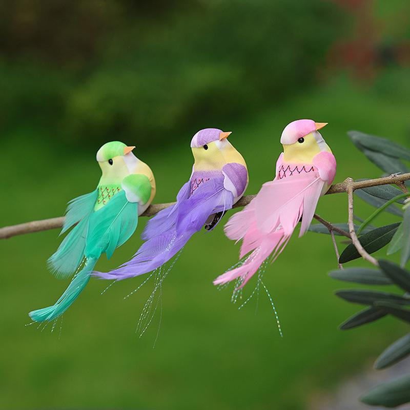 Simulated Long-Tailed Feather Bird Figurine Model Set Artificial Birds Ornament Colorful Feathered Home Garden Decoration