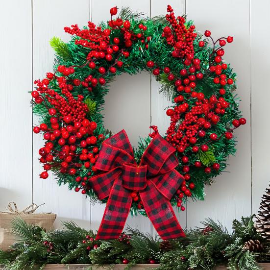 15 Inch Christmas Wreath for Front Door Artificial Greenery Wreath with Red Berries And Buffalo Plaid Bow for Holiday