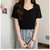 Women V-shaped Square Neck T-shirt Short Sleeve Form-fitting Casual Solid Color Tee