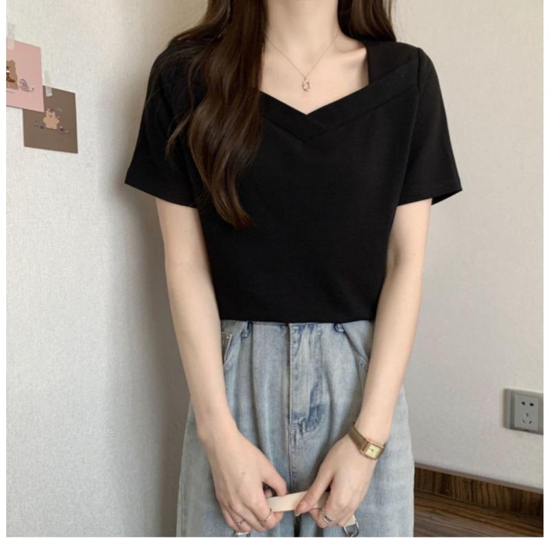 

women v-shaped square neck t-shirt short sleeve form-fitting casual solid color tee M чорний