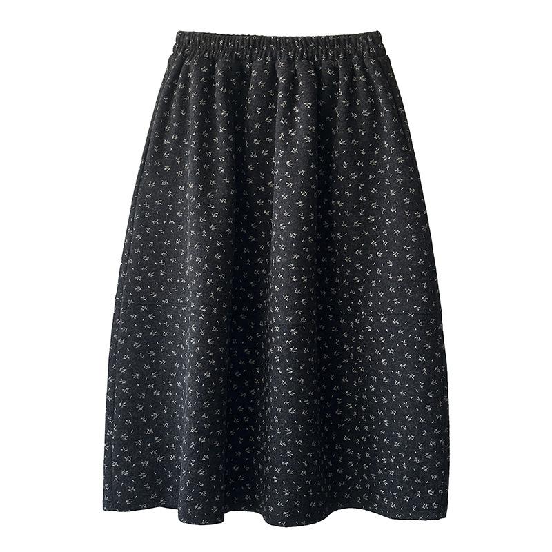Youge Retro Floral Woolen Mid-Length Skirt with Elastic Waist 860
