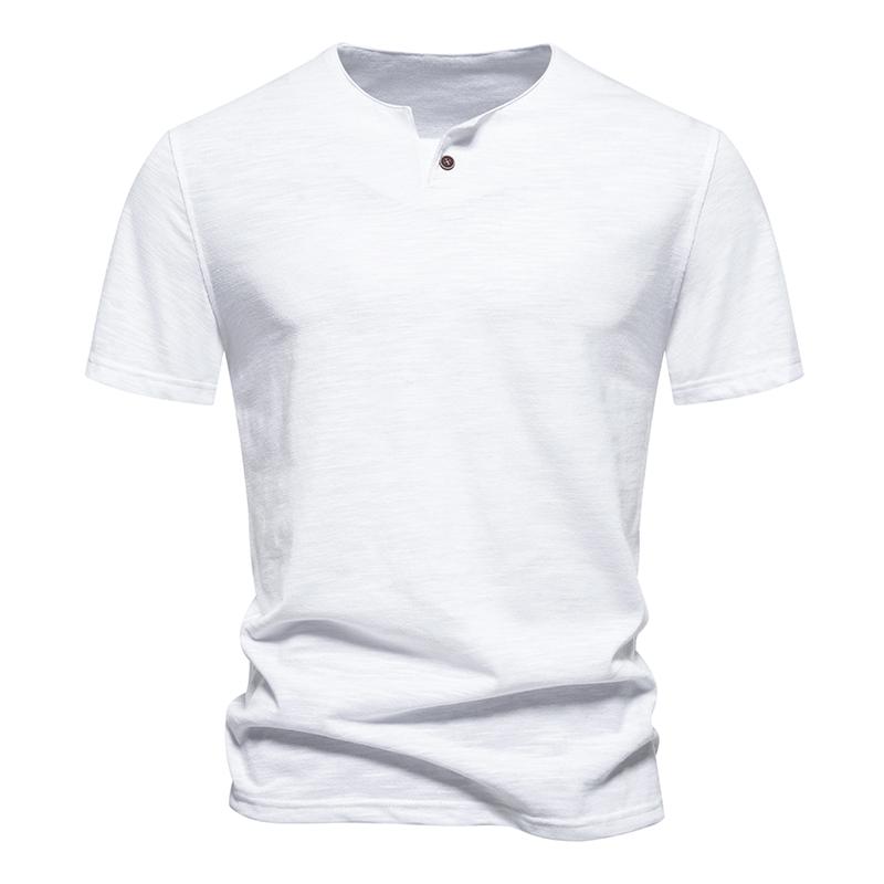 Slub Cotton T-shirt Sold Color Sigle Button V-neck Breathable Short-sleeve T Shirt Hawaiian Shirt Beach Tops Tees for Men