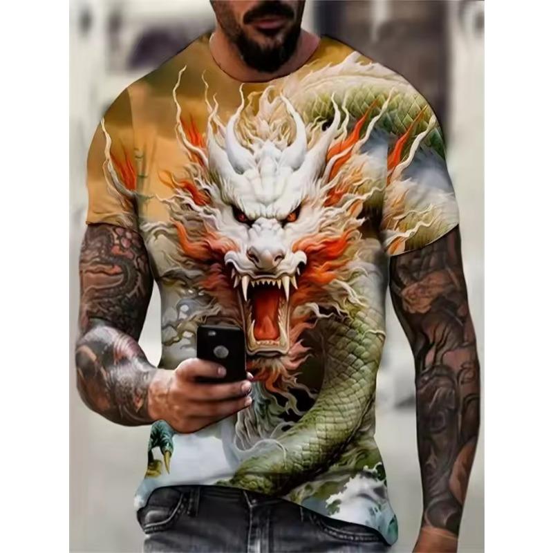 Tricou bărbătesc cu imprimeu de dragon în amestec de bumbac - Guler rotund elegant, confortabil și respirabil, pentru ținute casual de vară, de zi cu zi - Promoție