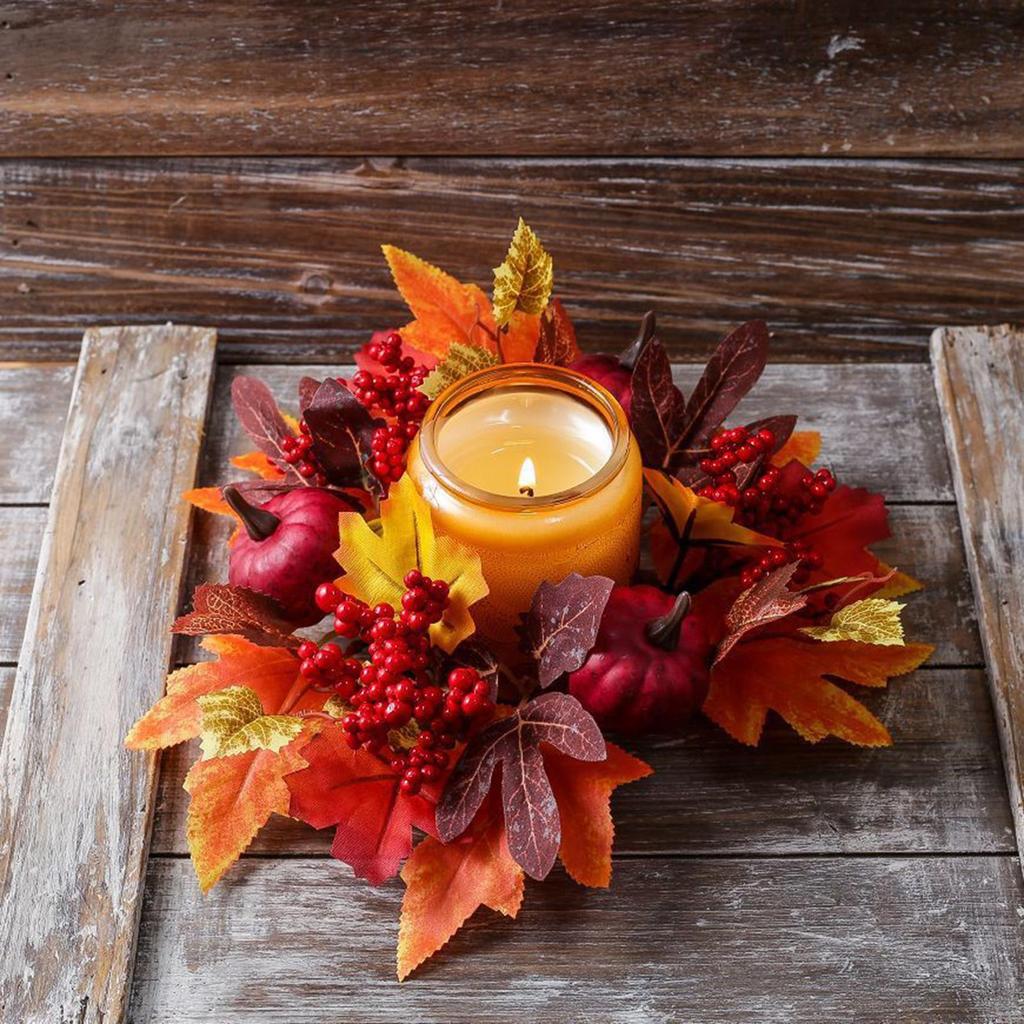 Fall Candle Ring for Pillar Artificial Candle Garland Decor Harvest Maple Leaves Pumpkins Berries Garland for Fall Thanksgiving