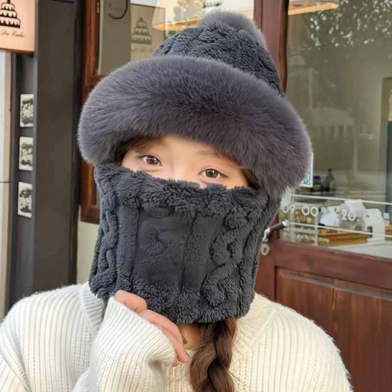 Hat, scarf, integrated fleece and thickened women's autumn and winter versatile cycling windproof and cold-proof electric vehicle thermal cover hat