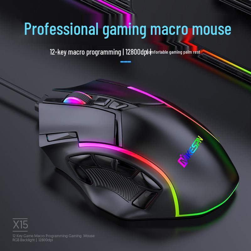 High-Speed 12800DPI RGB Gaming Mouse with 12-Key Macro Definition