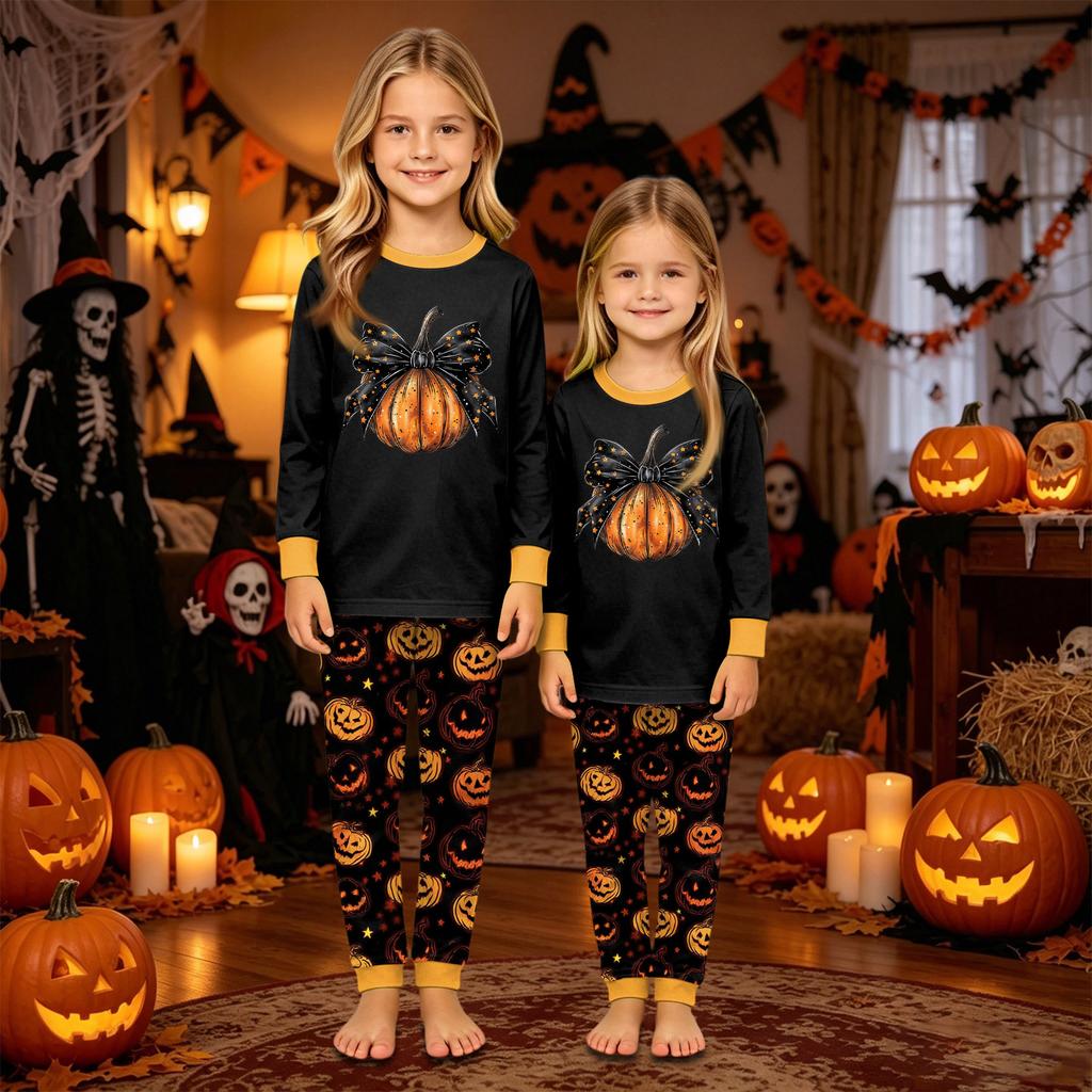 Halloween Pumpkin Print Family Pajama Set Long Sleeve Top and Pants Cozy Homewear Matching Outfits for Adults and Kids