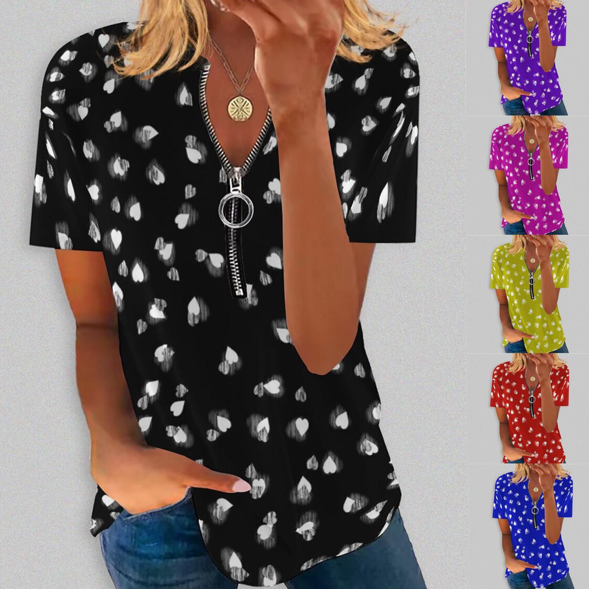 

Лето 2023, новая мода, женский топ с короткими рукавами и принтом, v-образным вырезом, застежкой-молнией, повседневный, больших размеров, S-2XL