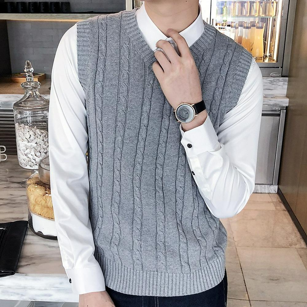 Autumn and Winter Men's Woolen Vest V-neck Sleeveless Sweater Vest Thickened Twist Solid Color Knitted Waistcoat Tide Waistcoat