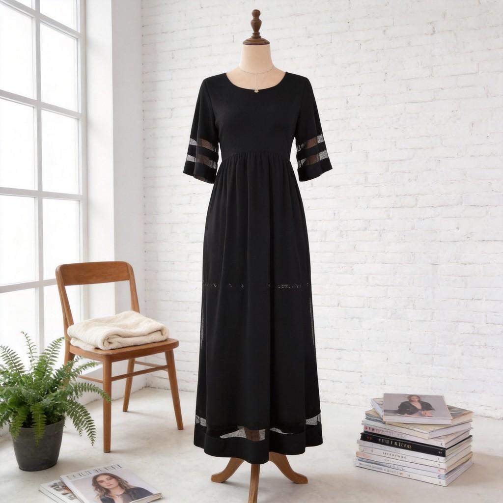 Elegantes Polyester-Halbarm-Netz-Rundhals-Kleid für Büro und Freizeit