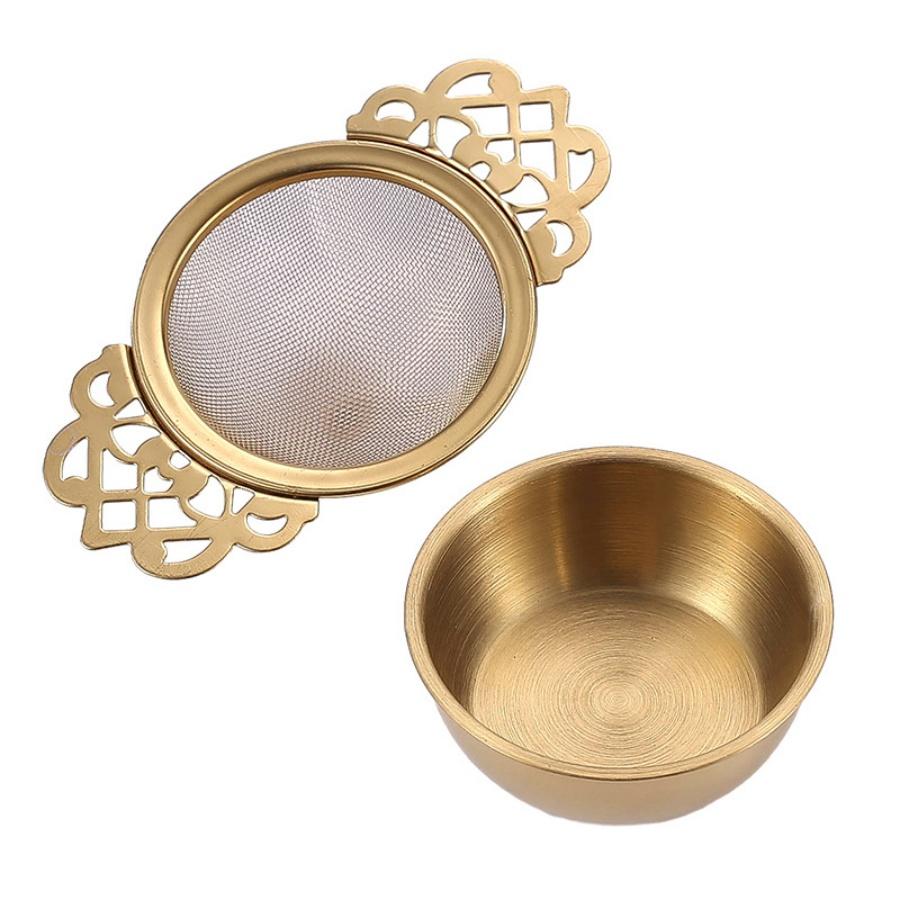 1pc Stainless Steel Tea Filter Gold Household Tea Strainer with Chassis Tea Partition Filter Double Ear Tea Filter