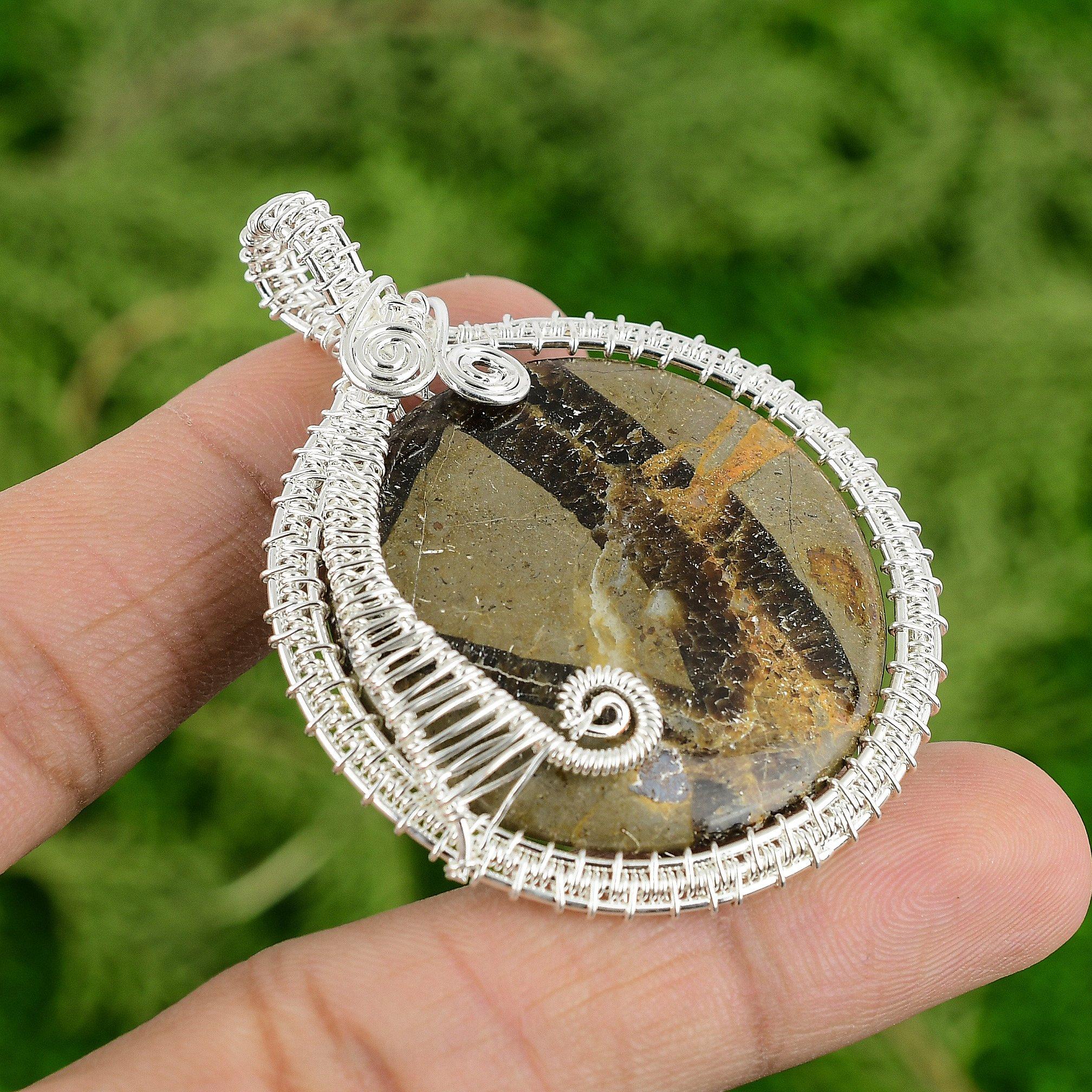 

Round Septarian Gemstone Trendy Wire Wrapped Bezel Pendant 925 Sterling Silver