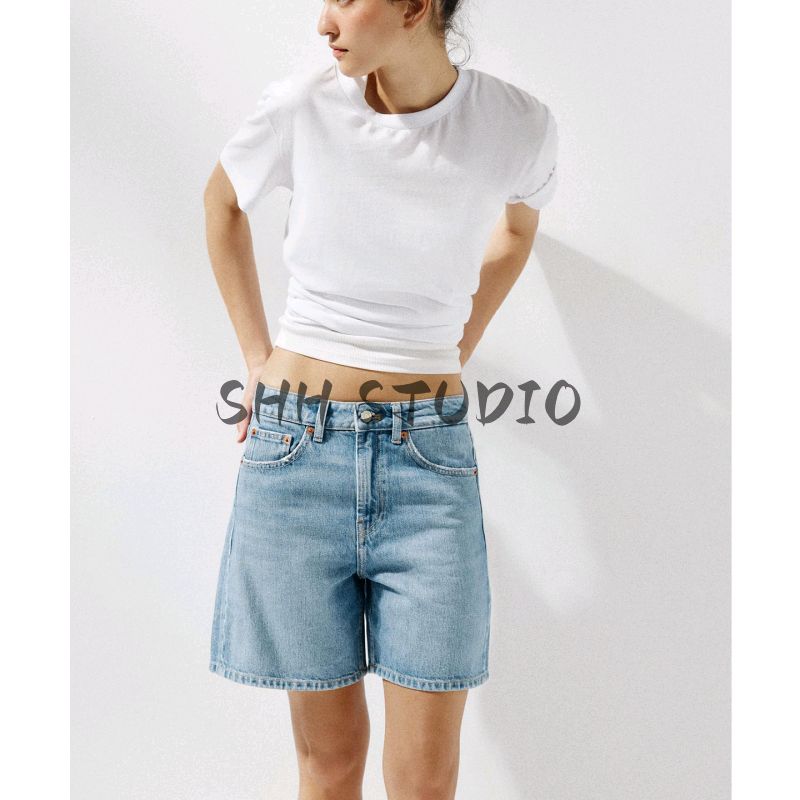Summer New Product Women's Clothes Fashion Wind Five Pocket Strap Decoration Mid Waist Denim Casual Shorts 4730005