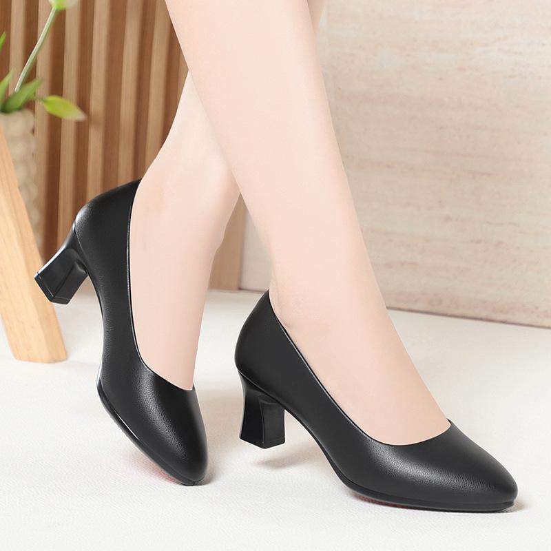 Professional Commuter Shoes, Mid-to-high Heels, Versatile Formal Leather Shoes, Women's Black Work Shoes