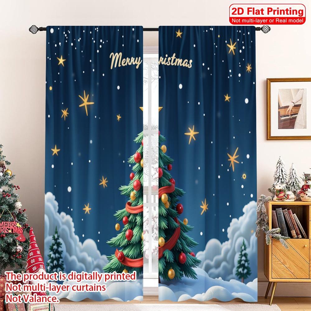 2pcs 2D Flat Printing Merry Christmas Popular Window Curtains Merry Christmas Tree Snow 100% Polyester Fabric Without