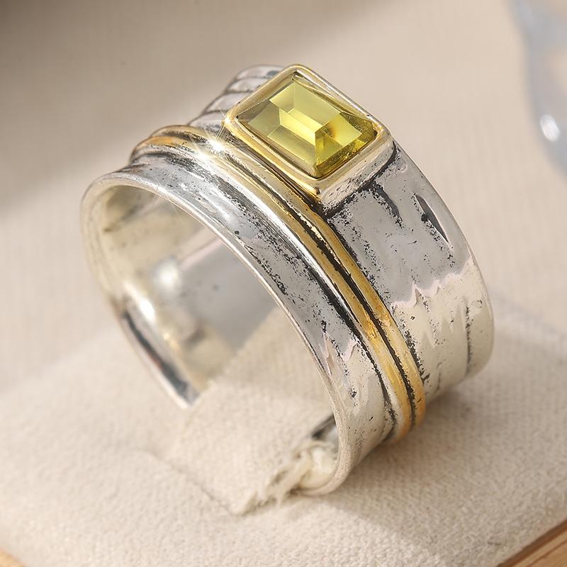 Inlaid Square Green Synthetic Zirconia Silvery Wide Ring Women's Vintage Fashion Banquet Party Jewelry Accessories