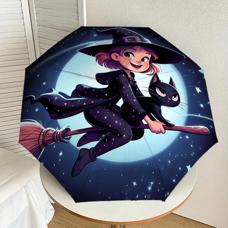 1PC Witch broomstickAutomatic Open/Close Umbrella with Windproof, 8-Rib Sturdy Canopy, Durable Ribs, Fashionable Design, Outdoor Accessory, Fun Prin,