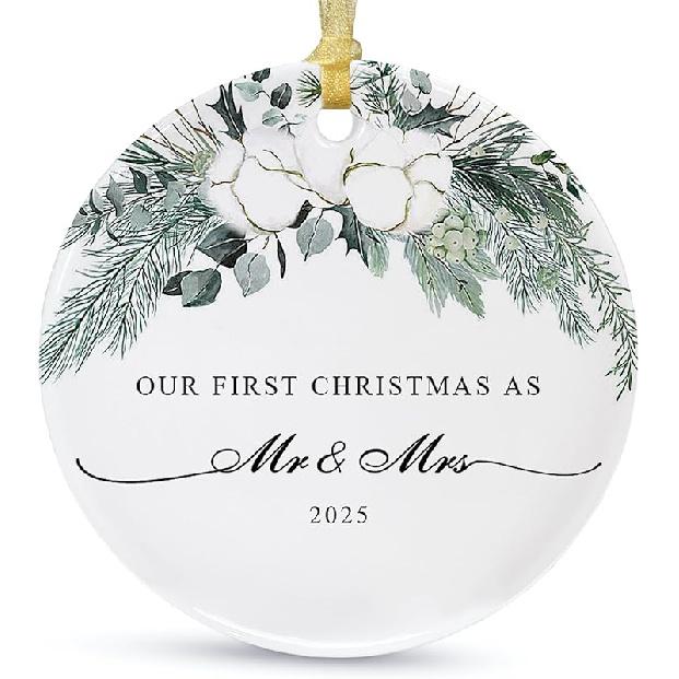 Our First Christmas Married Ornament 2025,Wedding Gifts for Couples Unique Decoration,First Year Newlywed Mr and Mrs Hanging 2.9" Ceramic Round