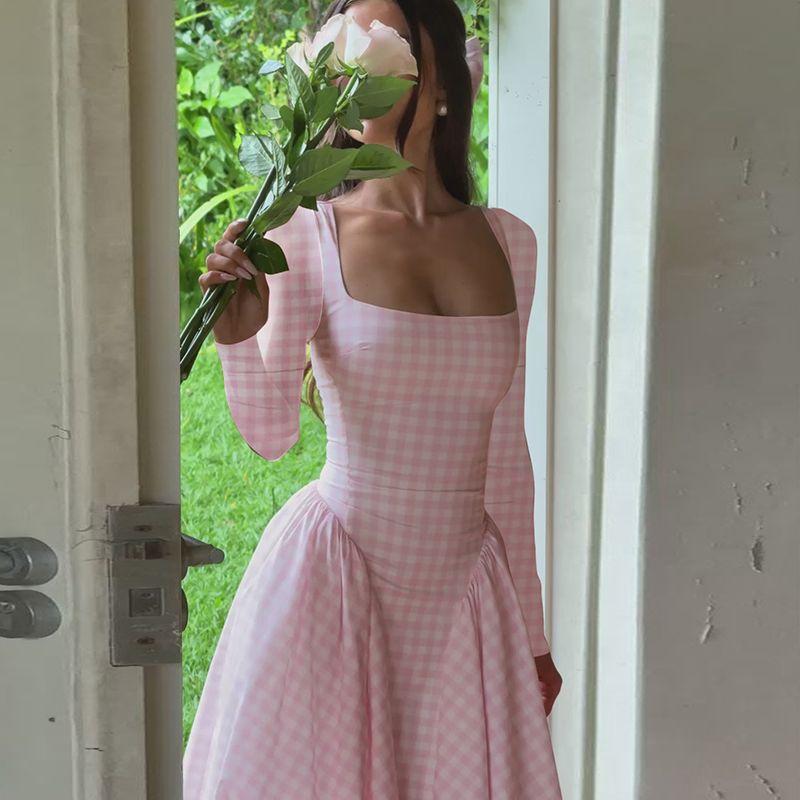 

Gusty French Romantic Sweet Chic Gingham Square Collar Dress Pure Desire Sexy Big Skirt Date Tea Dress Pink S