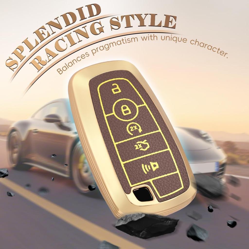 EnerCharge For Ford Key Fob Cover with Keychain, Soft TPU and Leather Key Case Shell Full Protection for Ford Explorer Escape