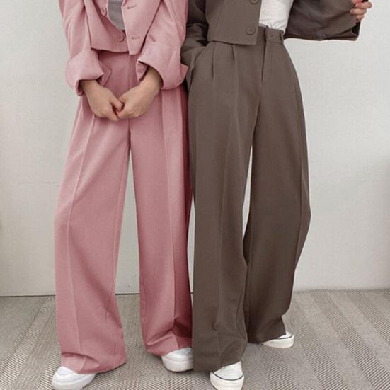 Women Pants High Waist Button Zipper Closure Casual Wide Leg Solid Color Trousers