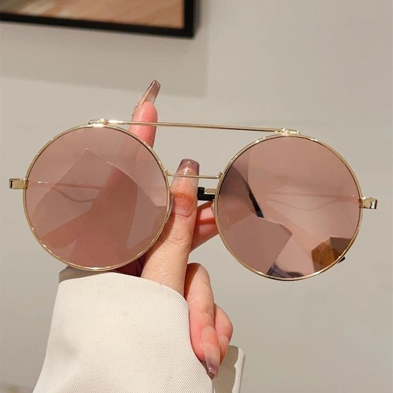 Vintage Round Sunglasses Men  New In Fashion Double Bridge Mirror Shades Women Trendy Retro Brand Design Sun Glasses