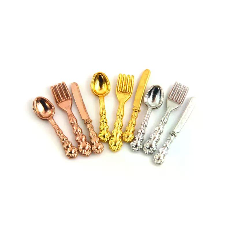 12Pcs/set Vintage 1:12 Dollhouse Miniatures Tableware Mini Cutlery Knife Fork Spoon Childrens Toy For Doll House Decor