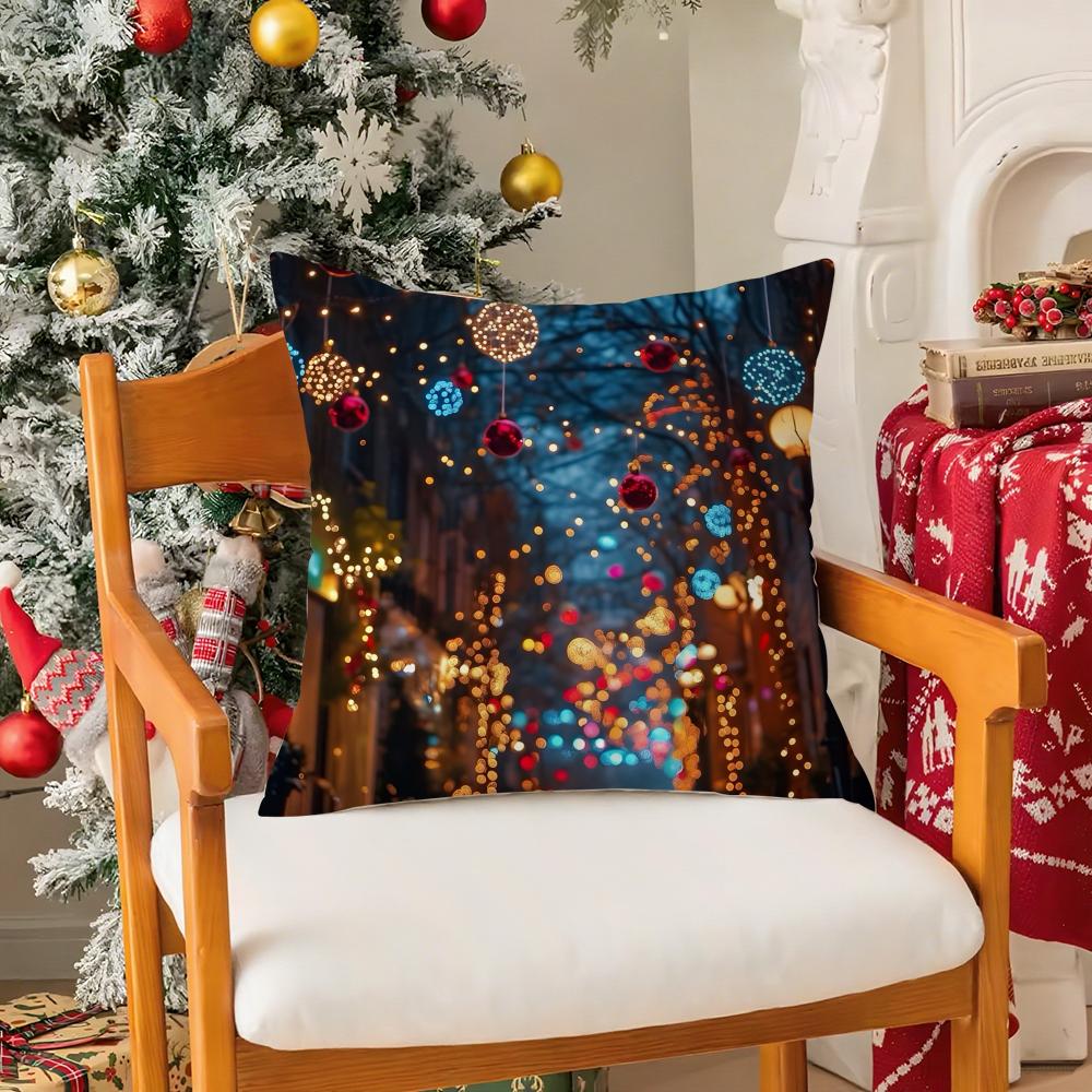 Beautiful Christmas Light Decorations Picture Third Pillow Case Silky Short Plush With Invisible Zipper Dustproof Sofa Cushion