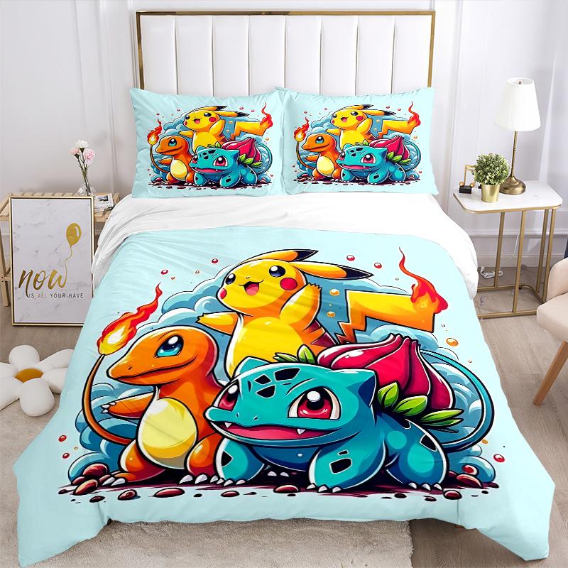 3pcs The Legendary Starters of Pokémon Print Bedding Set (1 Cover + 2 Pillowcases, Without Inserts), This Printed Bedding Set is Soft and
