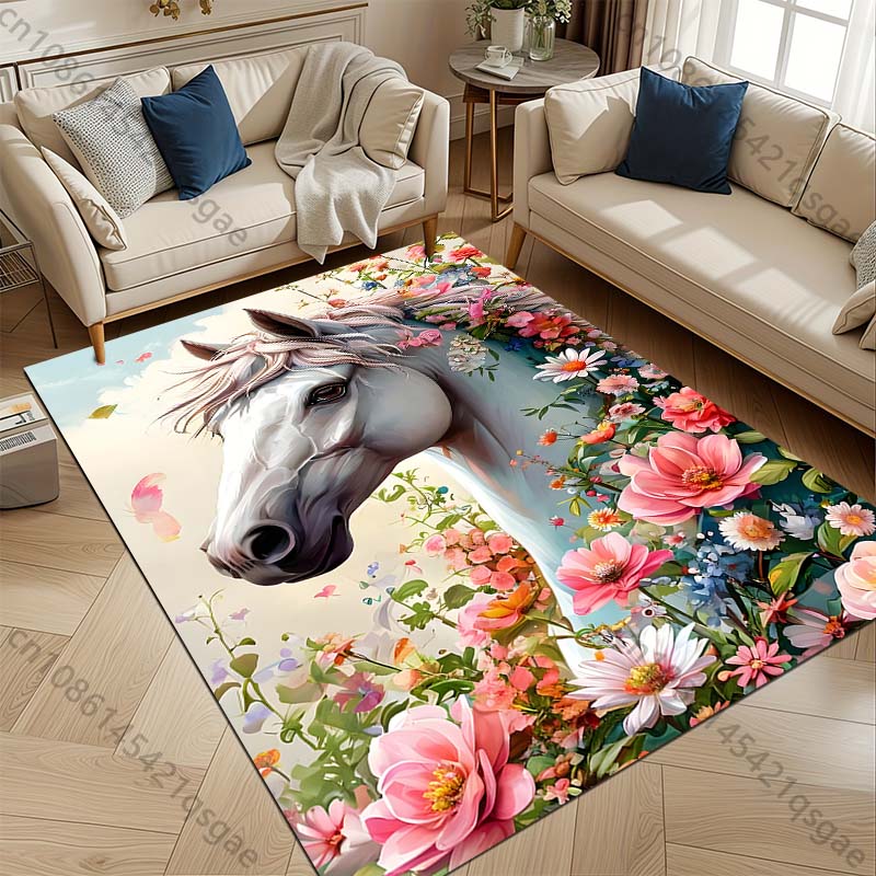1PC Horse with blooming floral garland Carpet for Living Room Bedroom Sofa Home Decor Rus Non-slip Floor Mat Luxury Gift