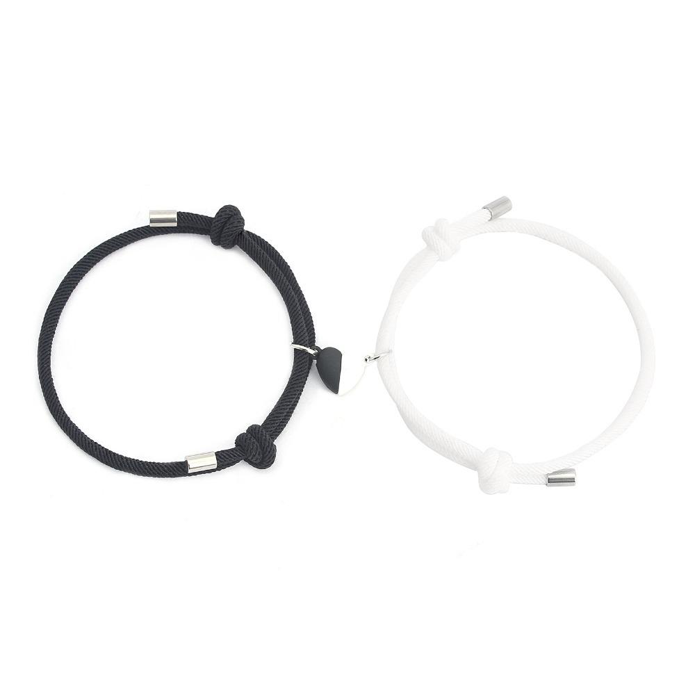 2Pcs Black White Hand Rope Bracelet, Magnetic Heart Charm, Couple Best Friend Bangle, Elegant Party Jewelry Gift