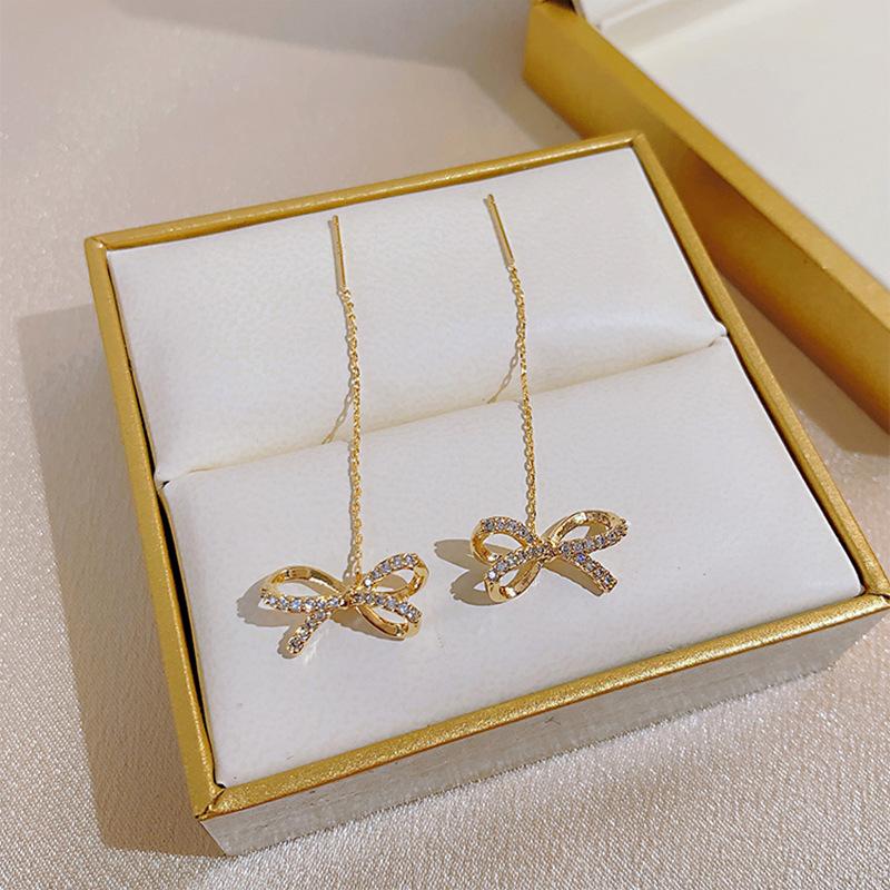 Elegent Bow-Knot Long Tassel Ear Line Dangle Earrings For Women Korean Sweet Temperament Pearl Drop Earrings Jewelry