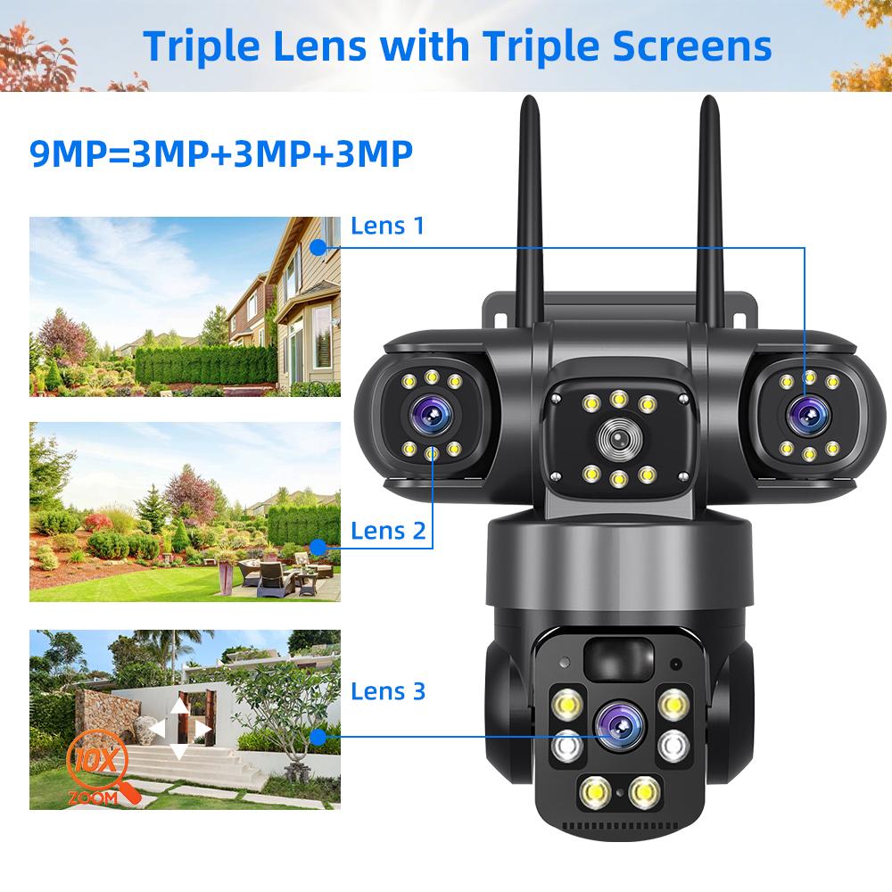9MP Full HD Solar WiFi Camera 3 Screen 3 Lens 10X Zoom PIR Human Detect Camera Surveillance Night Vision Security Protection