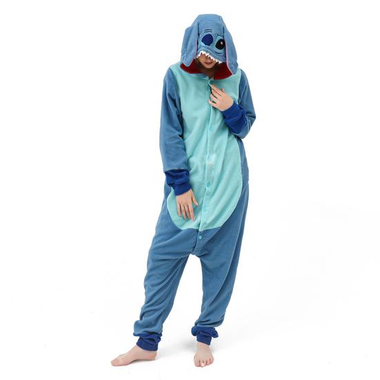 Damen-Schlafanzug mit Cartoon-Figuren, dicker Polarfleece, Knopfverschluss, tiefer Schritt, lange Ärmel, Kapuze mit Ohrendekor, Winter-Nachtwäsche, Party-Cosplay-Outfit